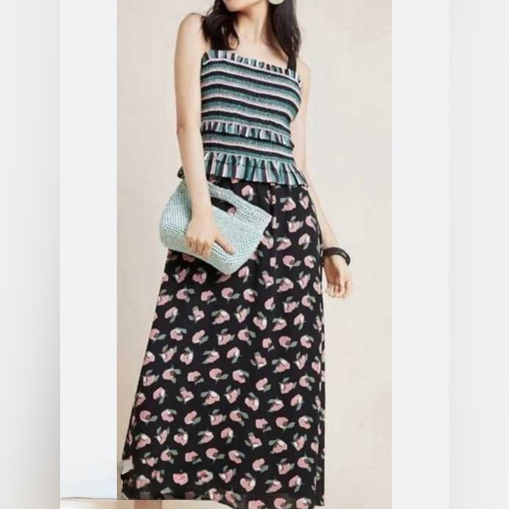 Hailee C for Anthropologie Women’s Striped Ruffle and Floral Silk Dress